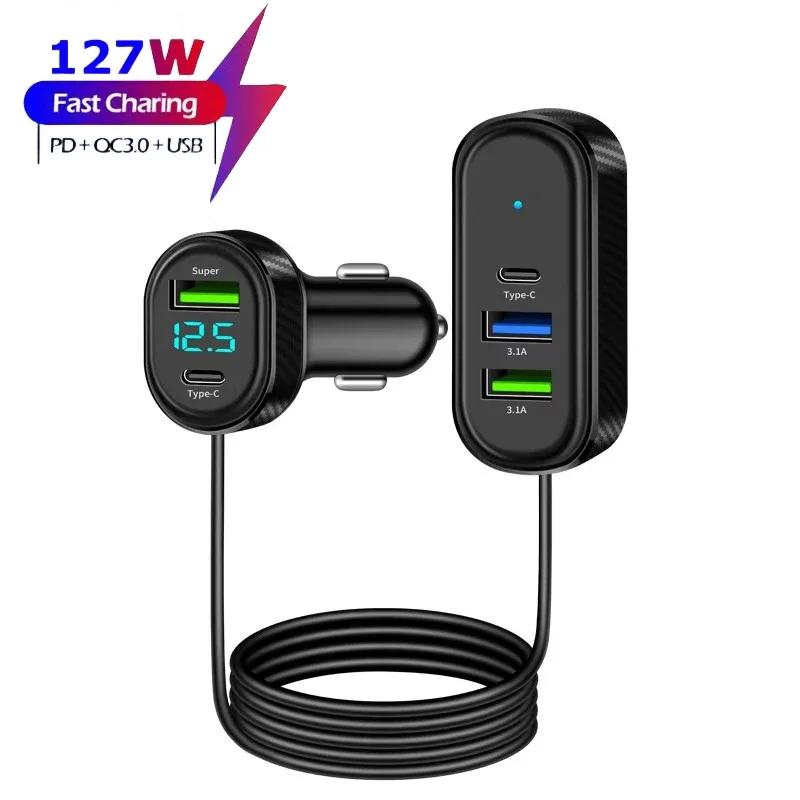 Caricabatterie da Auto 12V-24V 100W a 5 Porte 66W Super Ricarica Rapida Doppia USB+Type C con Display Tensione Cavo 150cm per iPhone/Android
