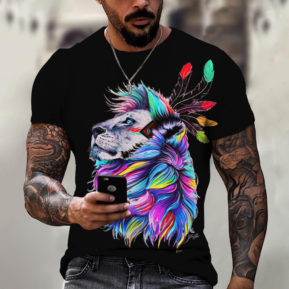 

Street Trend Men s Short Sleeved Round Neck Lion Digital Printed T-shirt Casual Loose and Versatile Top XS
