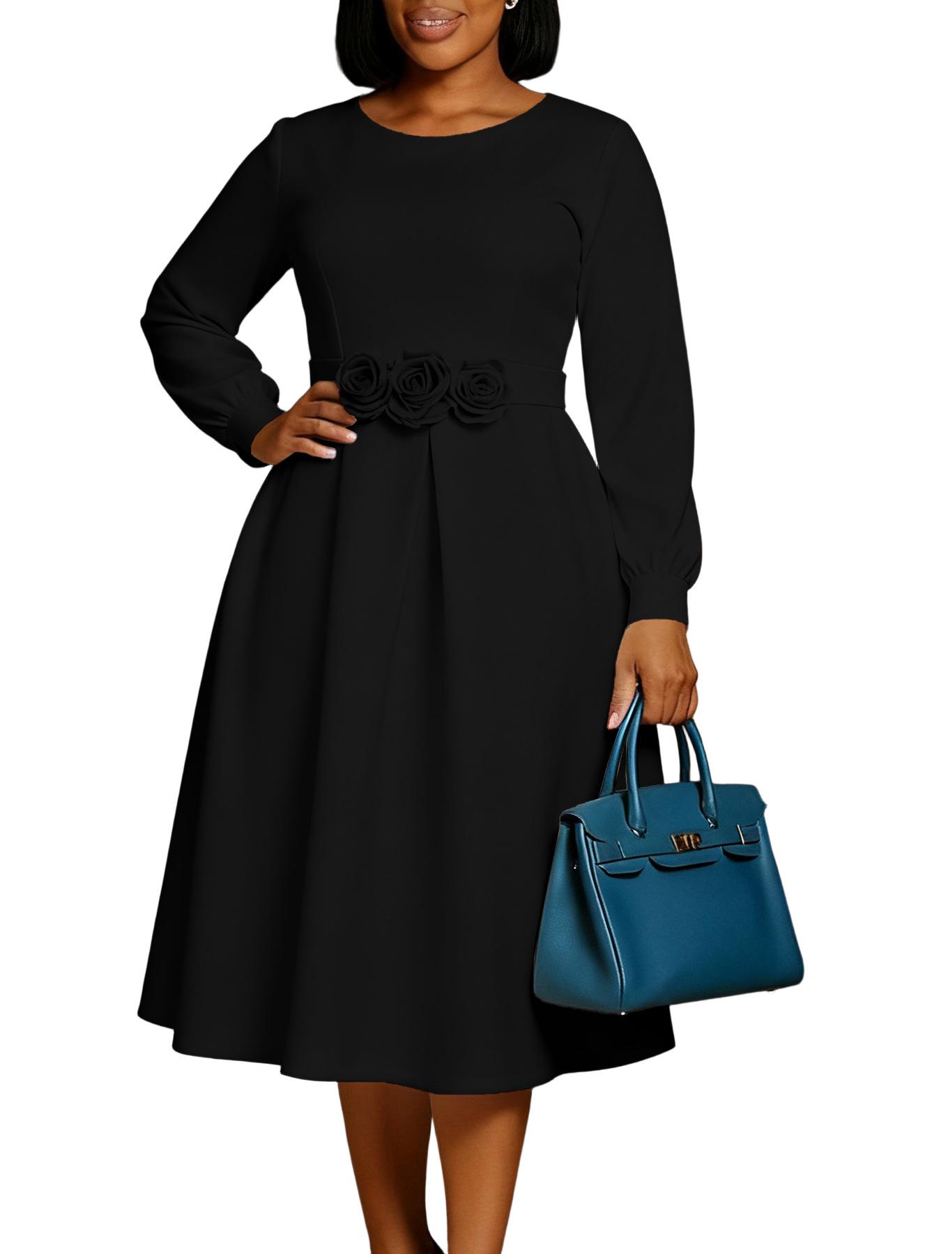 

BN365 Women s Solid Color Round Neck Floral Dress - New Autumn/Winter Collection Large
