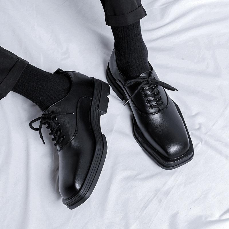 Men Fashion Square Toe Shoes Lace-up Oxfords Shoe Punk Rock Dress Black Stylish Genuine Leather Footwear  Designer Sneakers