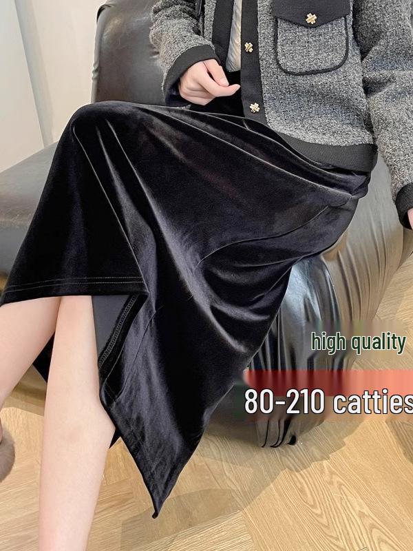 Black Gold Velvet High Waist Slimming Skirt for Women - 2026 Spring/Autumn, Plus Size, Mid-Length