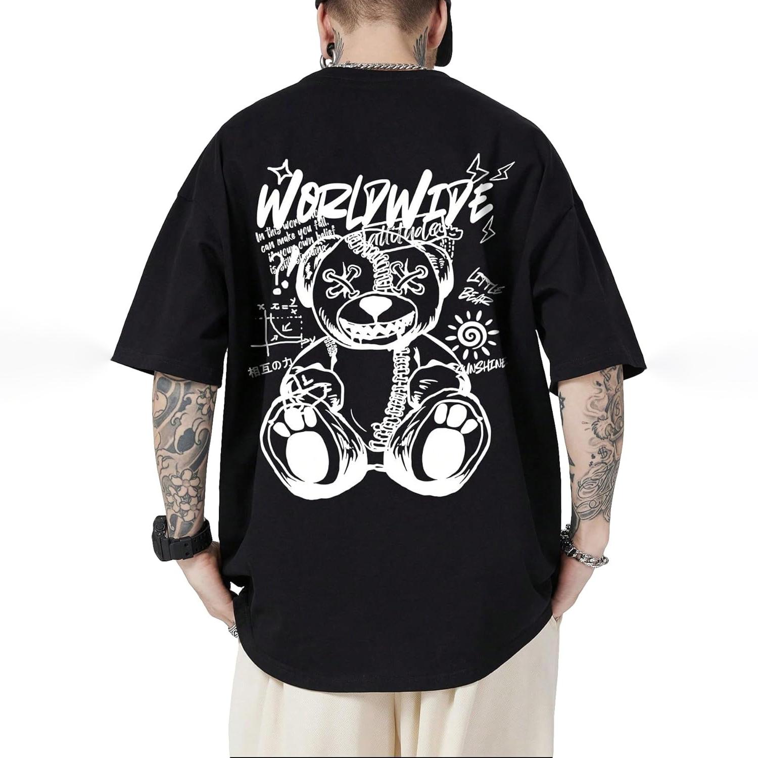 Men s Edgy Teddy Bear Graphic Tee,  Worldwide  Slogan Streetwear Oversized T-Shirt L чёрный