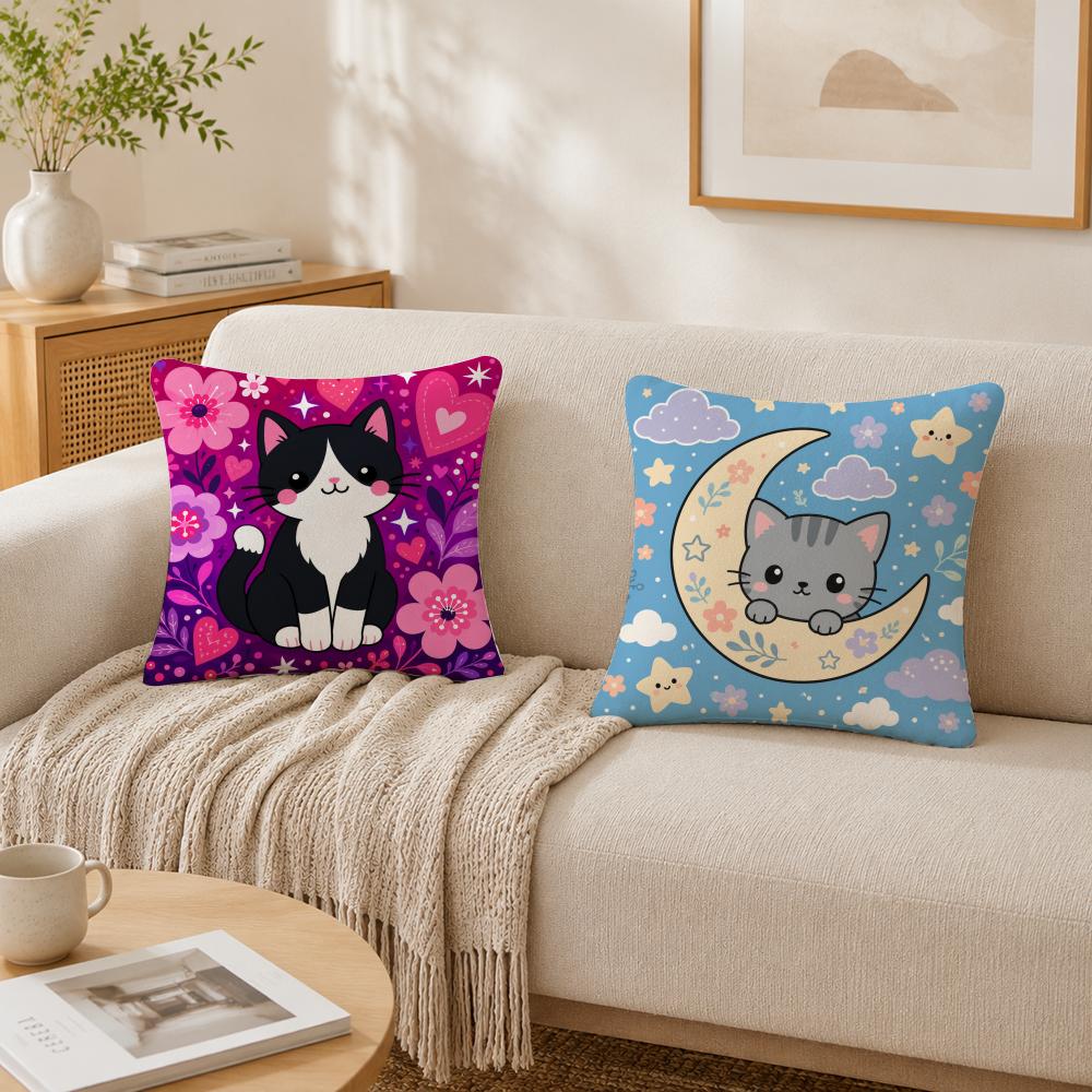 Cute Cartoon Cat Print Cushion Cover Double-Sided Plush Sofa Cushion Covers Organic Breathable Invisible Zipper