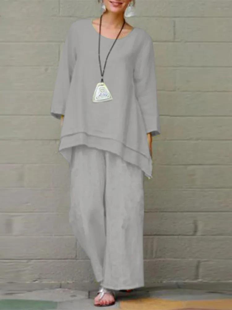 2023 Chinese Style Plus Size Women's Retro Pants Set: Solid Color Cotton Linen Casual Long Sleeve Loose Fit