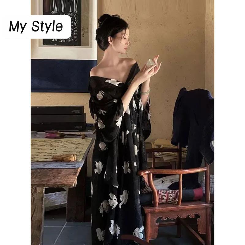 

Новое уникальное ретро-платье в китайском стиле с v-образным вырезом и принтом до половины рукава, платье с высокой талией и цветочным принтом