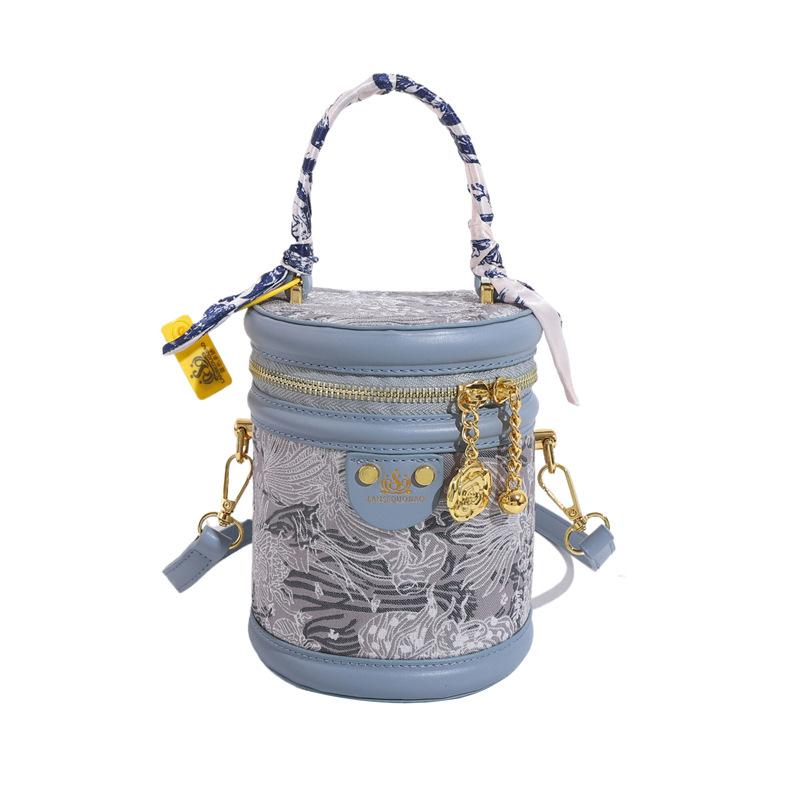 

Новая шелковая сумка-ведро с принтом, простая и универсальная сумка-тоут, женская сумка через плечо синий