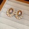 Vintage Medieval Earrings Silver Needle with Diamonds Oval Pearl Stud Earrings Court Style Retro Temperament Earrings Jewelry Women