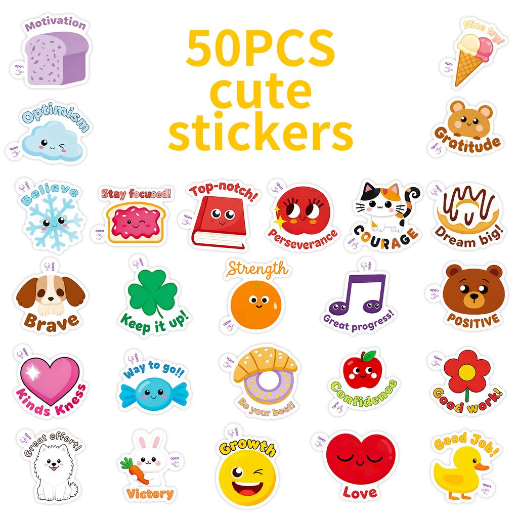 50 Vitality Cute Pet Encouraging Text Small Handle Stickers Cute Animal Inspirational Phrases Decorative Fun Stickers