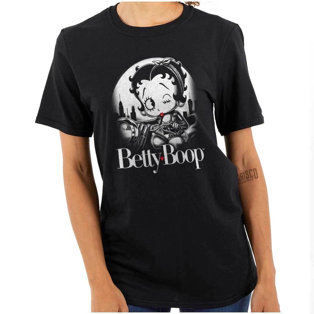 Betty Boop Retro Cartoon Biker Baddie Wink Womens Graphic Crewneck T Shirt Tee