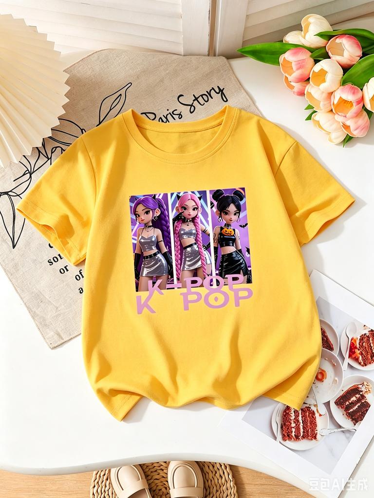 Girls K-POP Halloween Demon Idol Print Short Sleeve T-Shirt Cute Cartoon Graphic Tee Kids Summer Casual Top