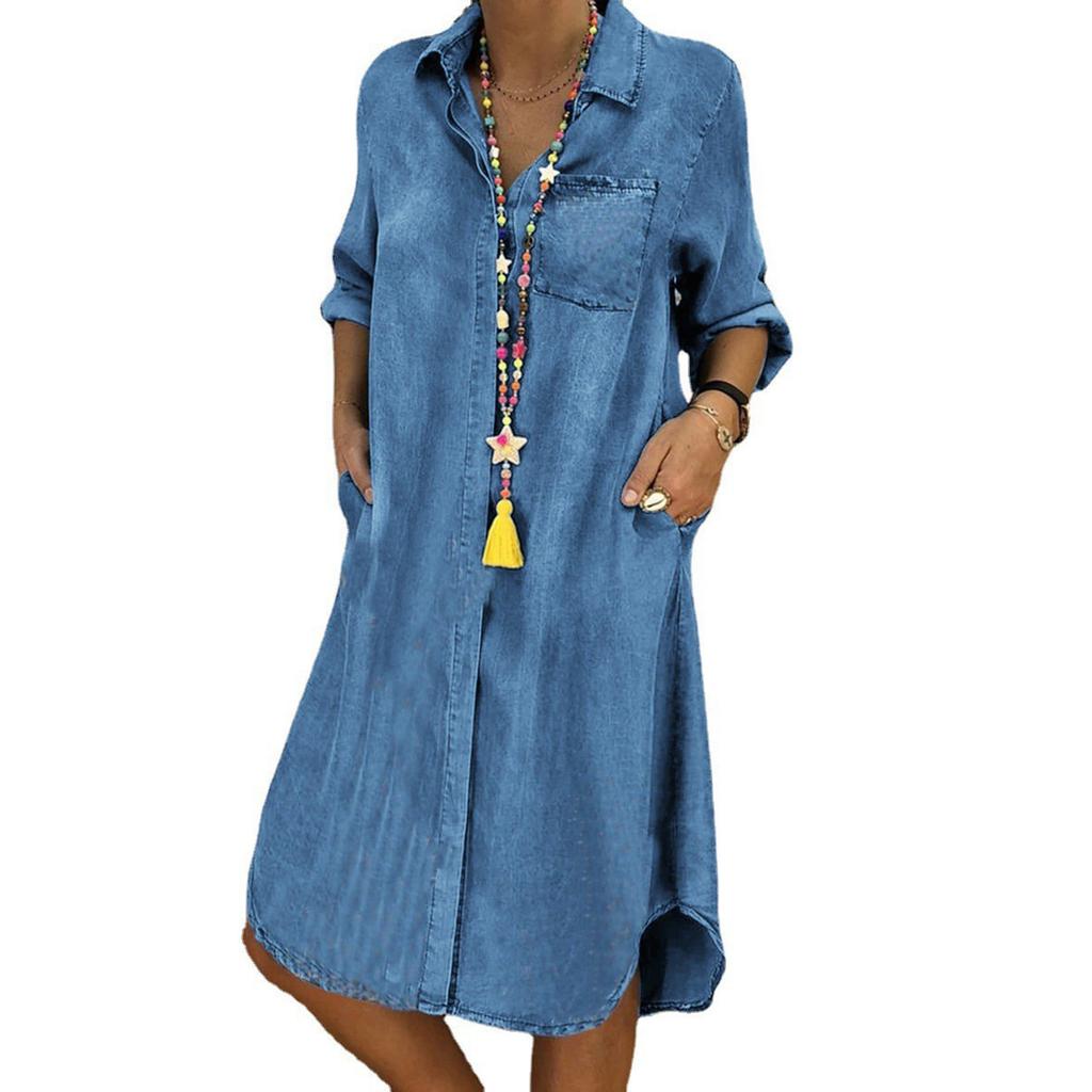 Women's Fashion Casual Color Lapel Single-Breasted Panel Straight Long Sleeve Loose Pocket Cotton Shirt Dress