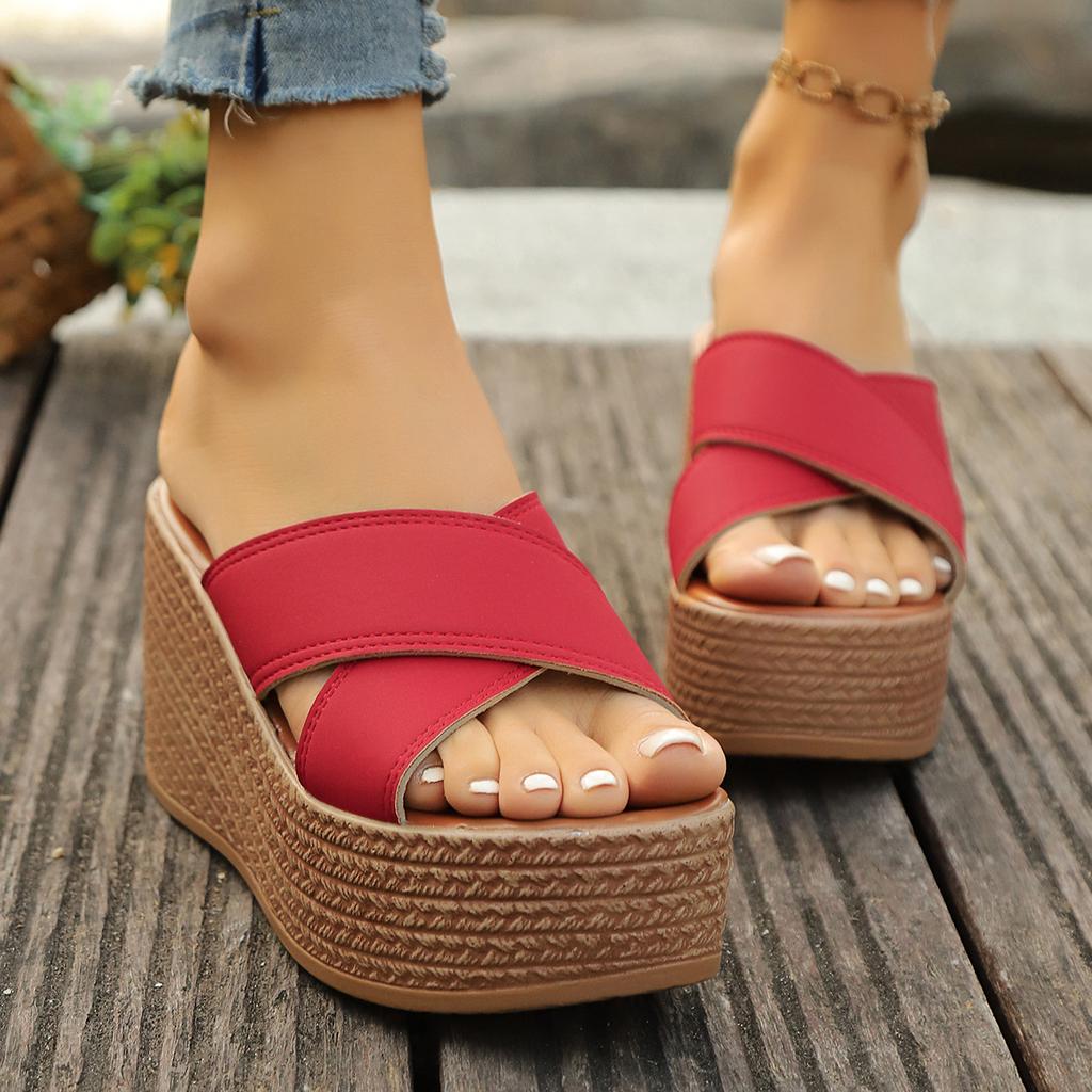 2025 summer cross with wedge heels slippers women's muffin foreign trade large size casual thick bottom cool slippers
