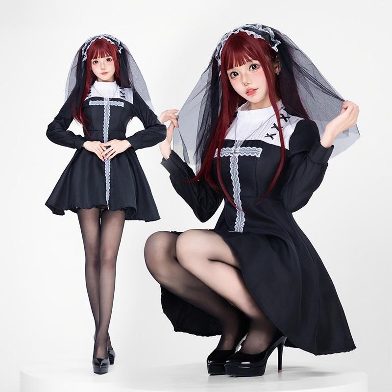 Gothic Bride Halloween Costume Dark Witch Nun Vampire Outfit With Cross For Halloween Party Ghost Performance