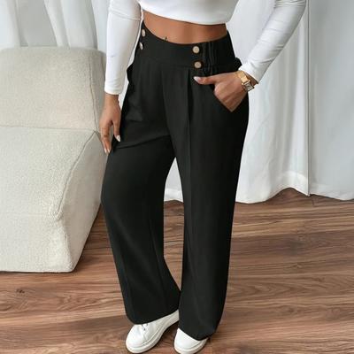 Women Leisure Pants Elastic High Waist Solid Color Long Trousers with Pockets Straight Wide Leg Commuting Work Travel Casual Pants