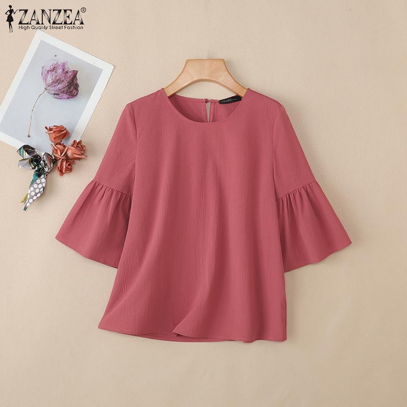 ZANZEA Women Casual Round Neck Loose 3/4 Sleeve Solid Blouse