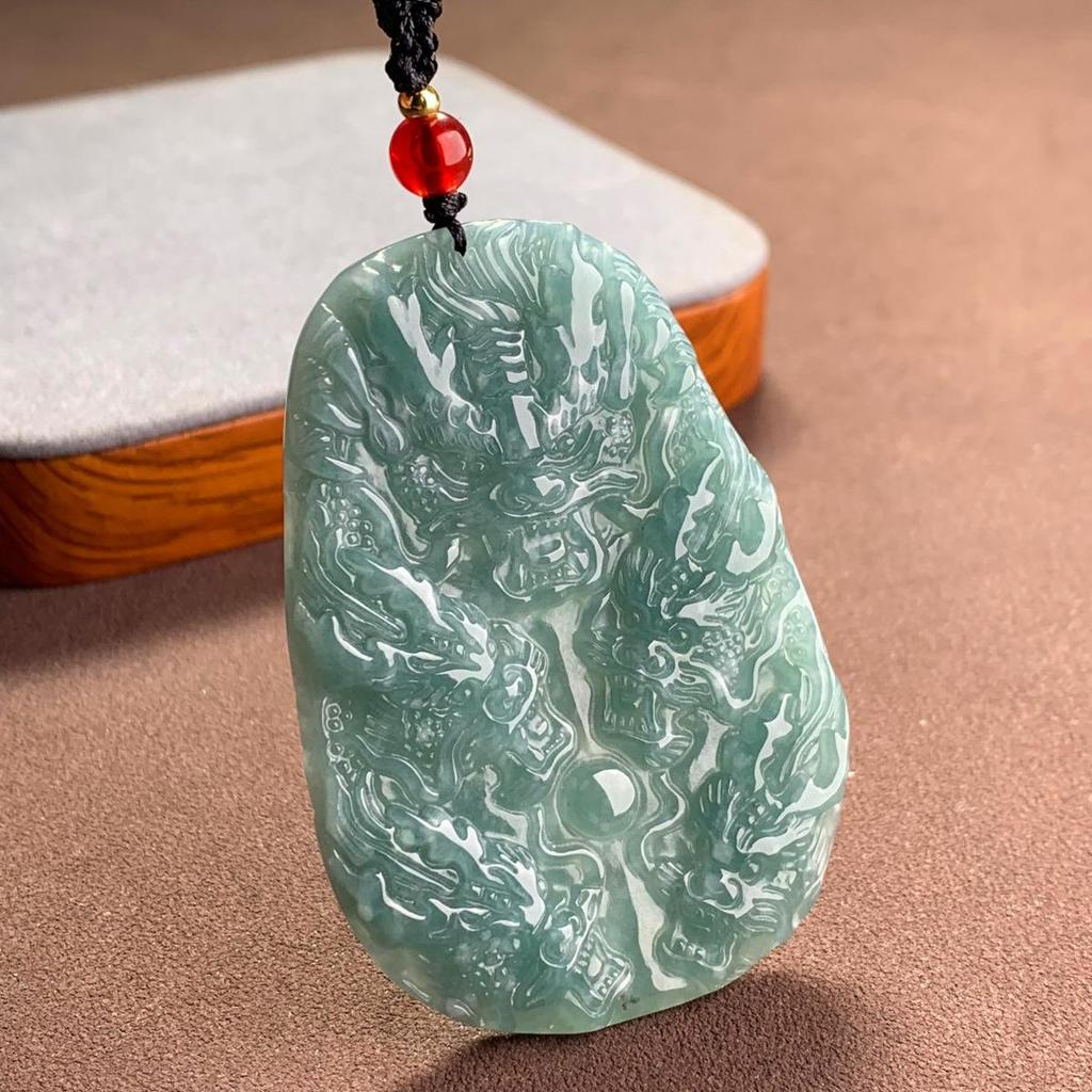 Blue Water Jade Double-Sided Dragon Pendant: Nine Dragons Protection