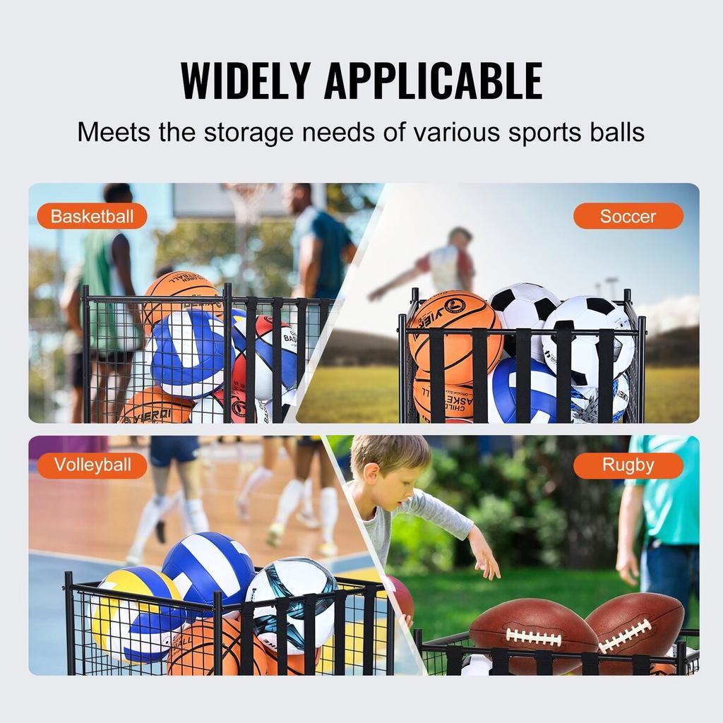 Carrello Porta Palloni Sportivi Rotante, Gabbia per Basket Chiusura a Chiave con Elastici, Organizzatore Porta Attrezzature Sportive per Interni Esterni, Stoccaggio in Acciaio