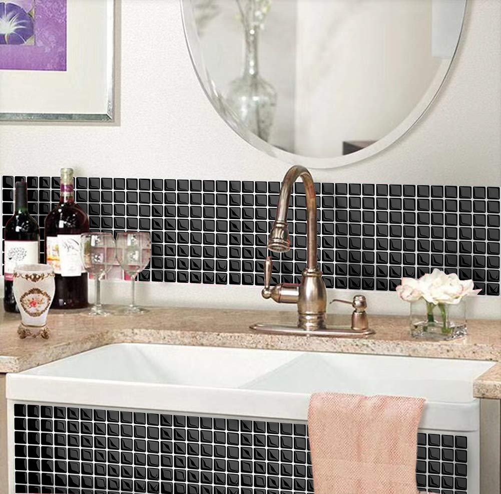 VANCORE Mosaic Tile Kitchen Remake Tile 3D Peelable Black [4 Sheets] Stickers, Sheets, Stickers, Renovation, Waterproof, Wallpaper,