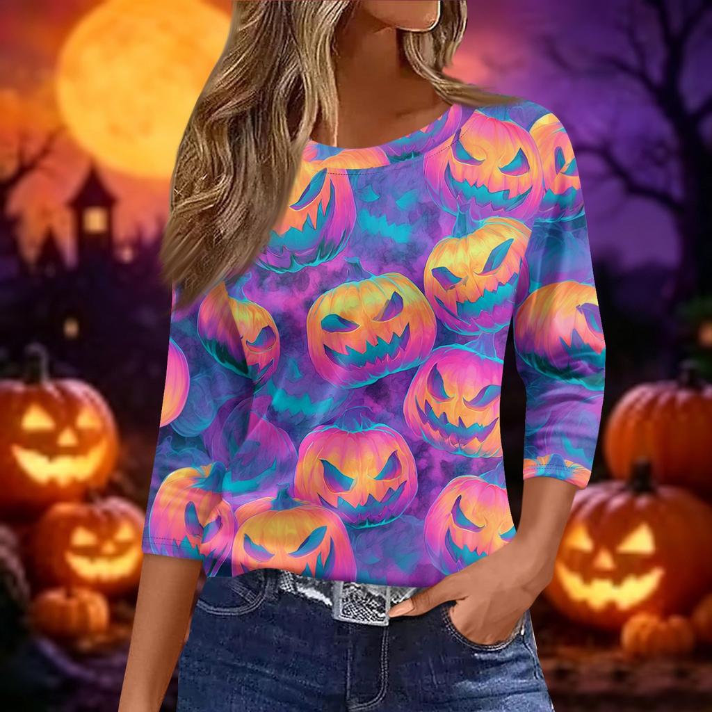 Women's Fashion Casual Short Sleeve Neck Top with Halloween and Pumpkin Print