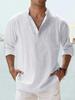 Men's Summer Casual Loose-Fit Stand-Up Collar Solid Color Long-Sleeve Cotton Shirt, Plus Size Available