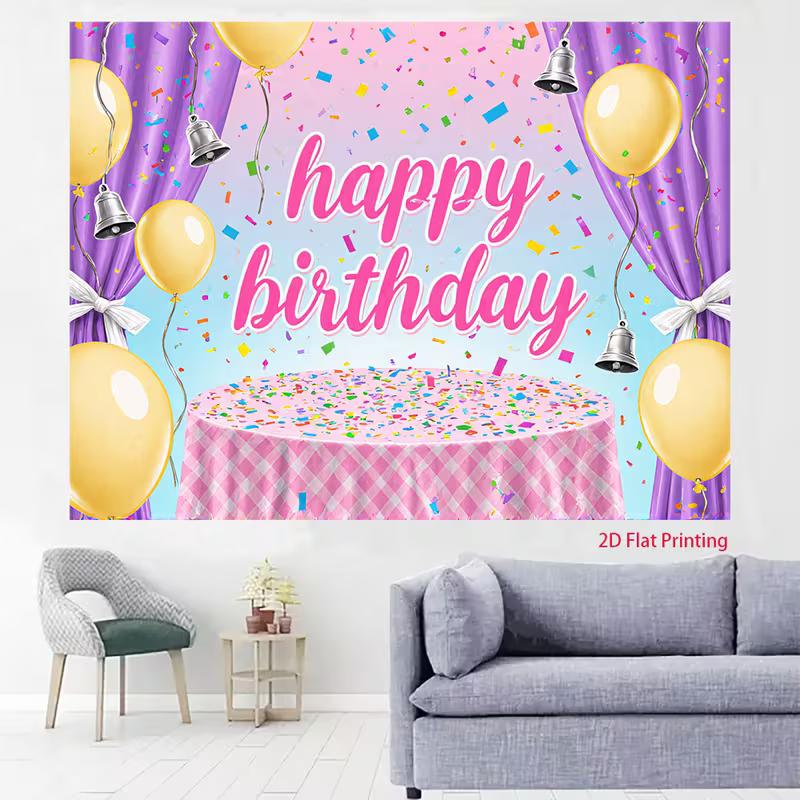 2D Birthday Party Backdrop, Pink & Purple Curtain with Confetti Photography Background