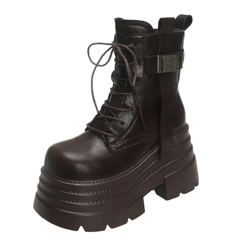 Mada 10CM Nauji Moteriški Aukštos Platformos Auliukiniai Batai Žieminiai Šilti Kailiniai Stambūs Sniego Batai Suvarstomi Sportbačiai Moteriški Odiniai Motociklininko Batai Mujer