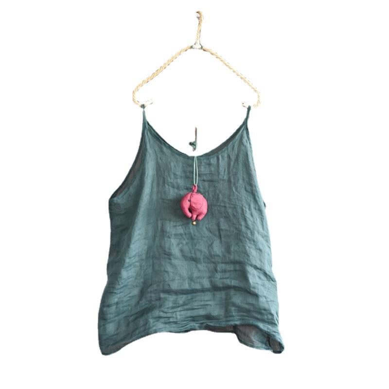 Johnature Women Ramie Solid Color Camis Summer Loose All Match Render Casual Clothes