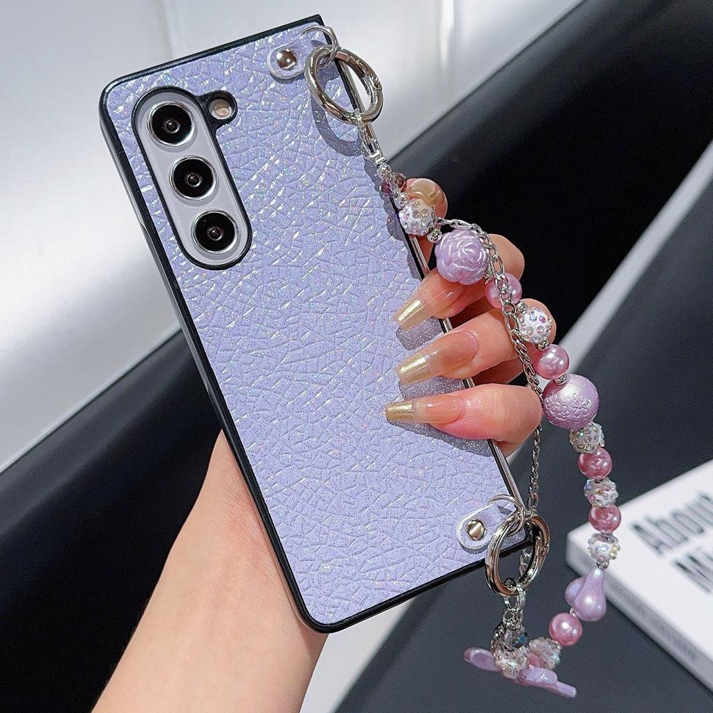 For Samsung Galaxy Z Fold6 5G Case Textured Glitter Leather+PC Phone Cover with Beaded Strap