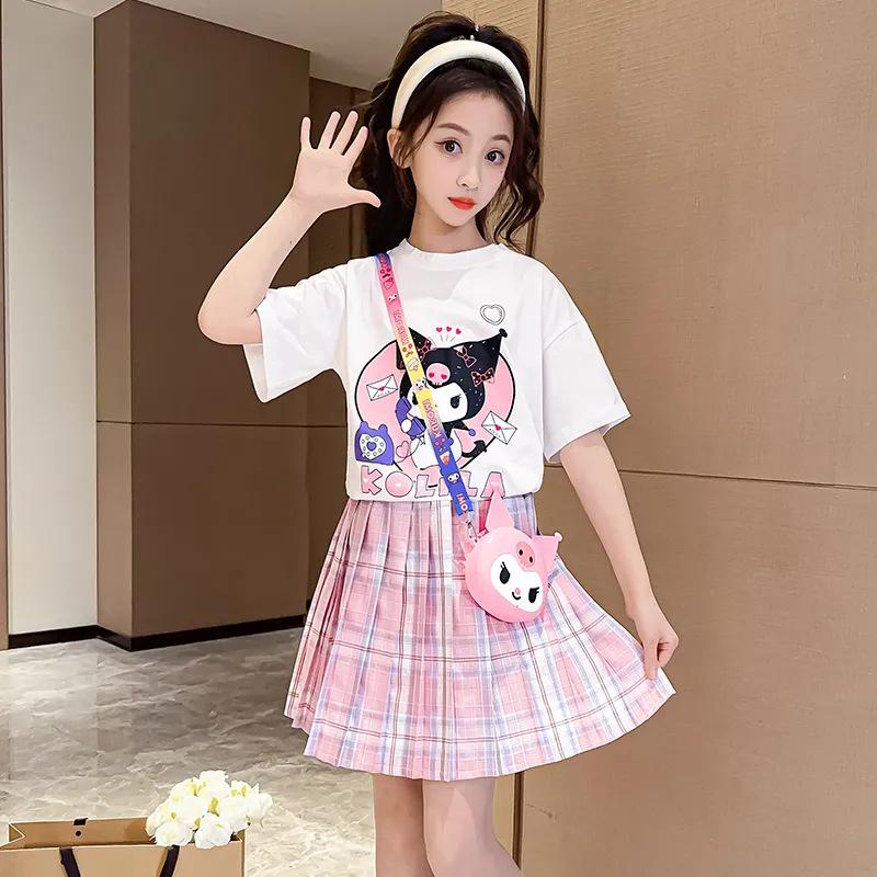 Girls' Summer Preppy Short Sleeve Top & Pleated Skirt Set