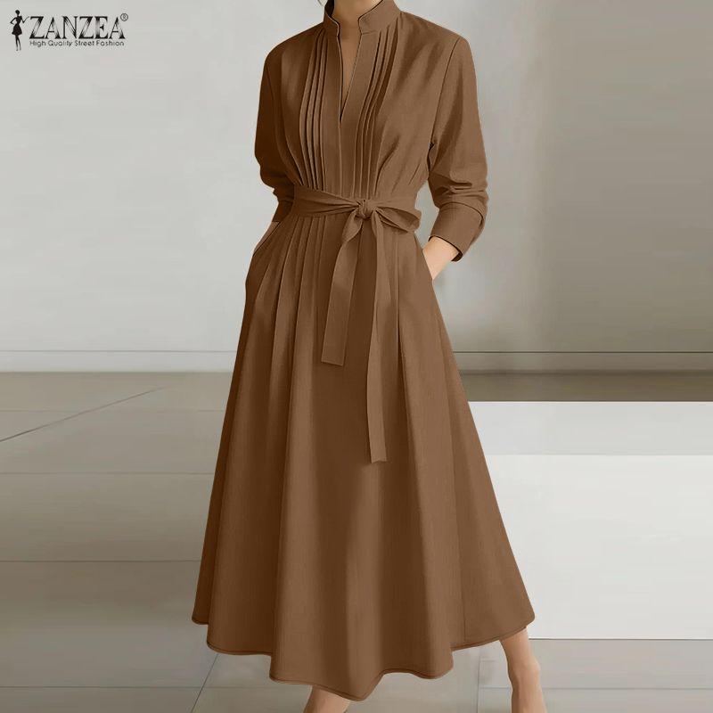 ZANZEA Women Casual Stand Collar Loose Long Sleeve Shirt Dress