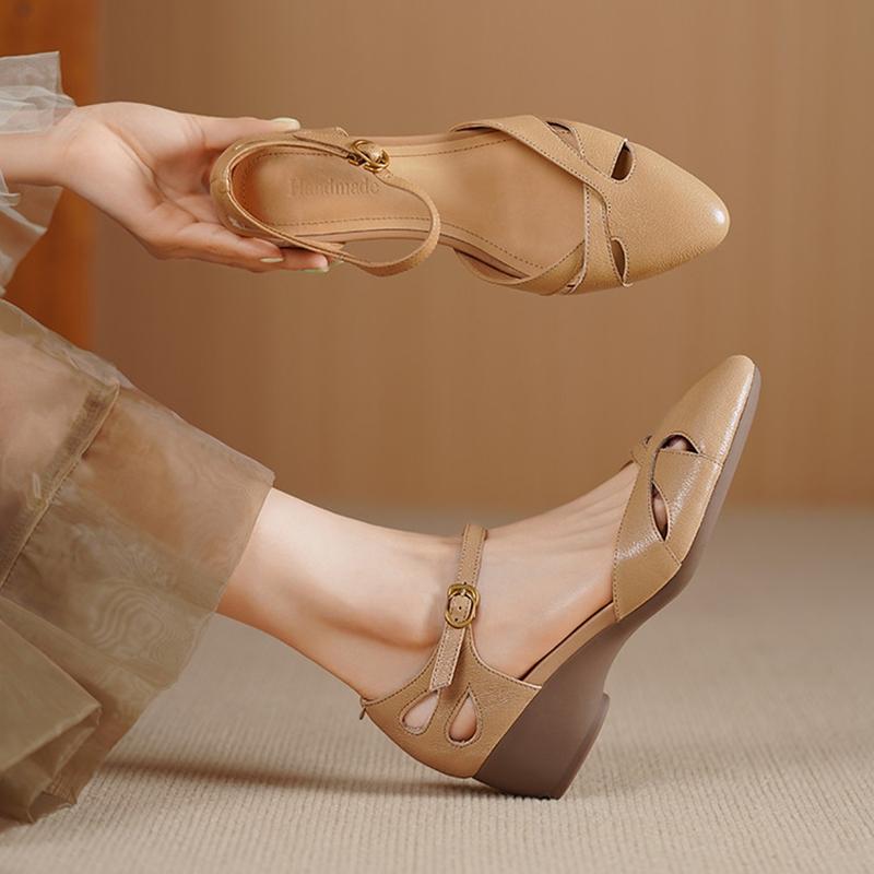 Fashion NEW Summer Women Sandals Genuine Leather Shoes for Women Pointed Toe Chunky Heel Shoes Cover Toe Cover Heel Buckle Strap Sandals