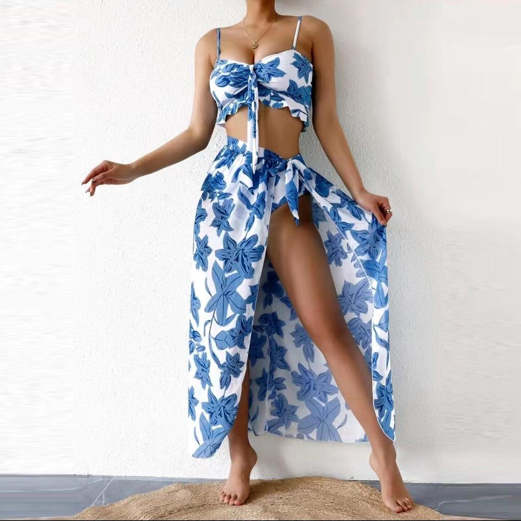 Fashion Women Printed High Waist Split Long Skirt Bikini Casual Swimsuit Set