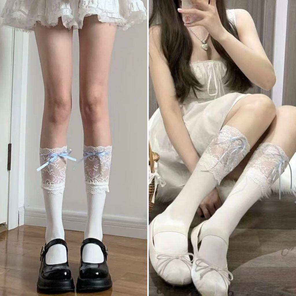 Lolita Lace Knee Socks White Women'S Ribbon Bow Medium Stockings Jk Autumn Thin Calf Socks
