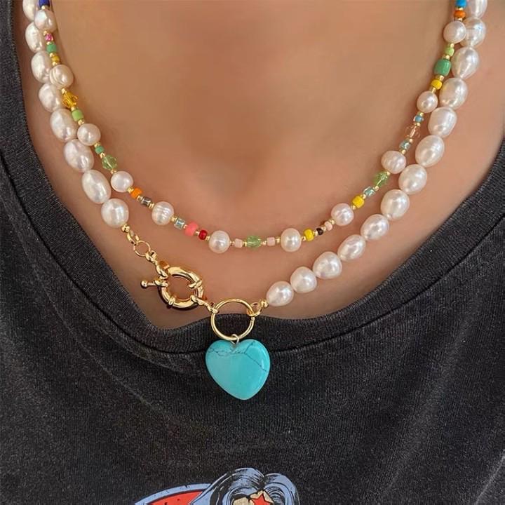 Blue Pine Heart Pendant Necklace with Natural Freshwater Pearls - Niche Design Sweater and Clavicle Chain
