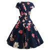 GMXIA Women's Summer Vintage Crew-neck Sleeved Waist Strap Print Swing Dress