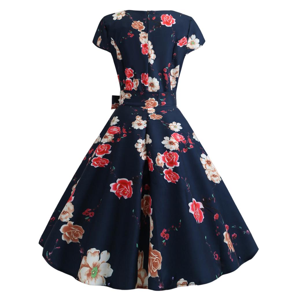 GMXIA Women's Summer Vintage Crew-neck Sleeved Waist Strap Print Swing Dress