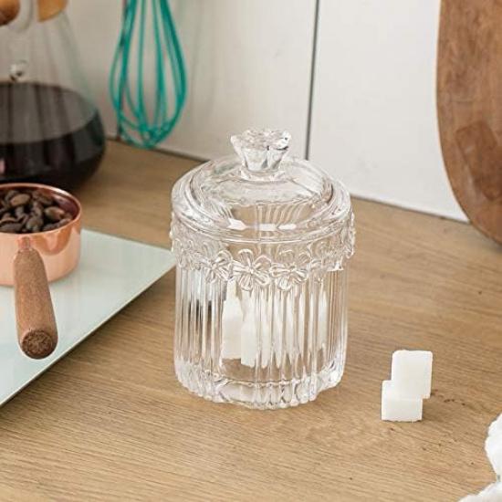 Floral Crystal Glass Relief Flower Candy Dish Swab Box Storage Jar with Lid, 5x3.5 Inches, 8 Oz, 1 Count