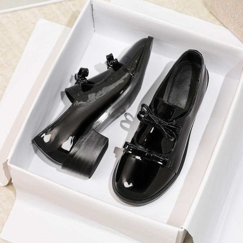 Small leather shoes women s British style platform loafers black low-heeled bow single shoes, large size women s shoes 36 чёрный