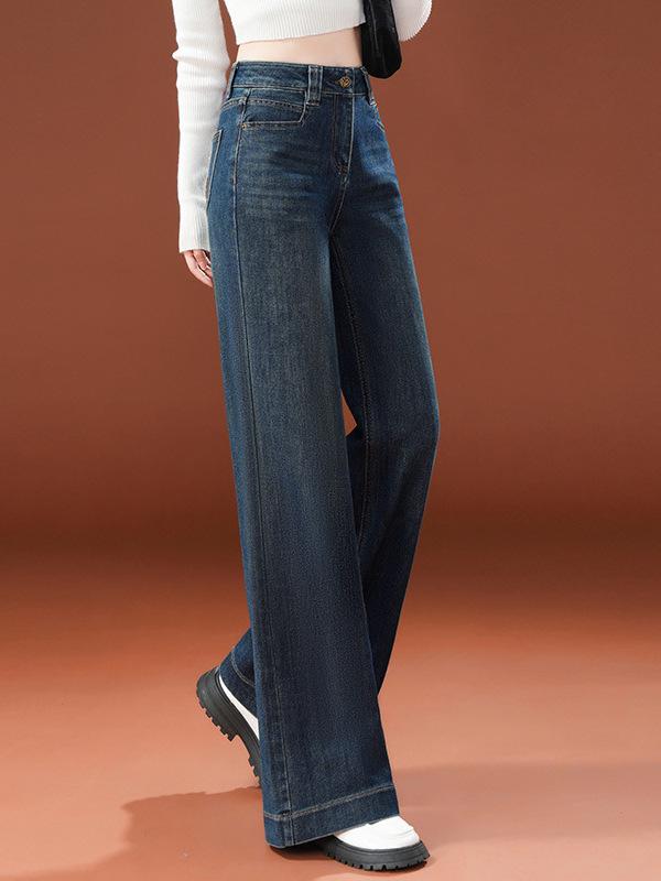 2026 Women's Loose Wide-Leg High-Waist Fleece Jeans - Slimming Floor-Length Fashion for Spring & Autumn