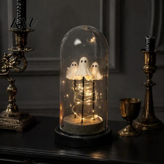 Halloween Ghost Night Light Decorations, 3 Mini Up in Cloche, with Figurine Warm LED Lights, Cute Spooky Decor for Home Mantel Tabletop Party Desk