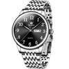 Men's Watch Black Analog Quartz 30M Water-Resistant Stainless Steel Band Large Arabic Numerals Easy-to-Read Date and Day