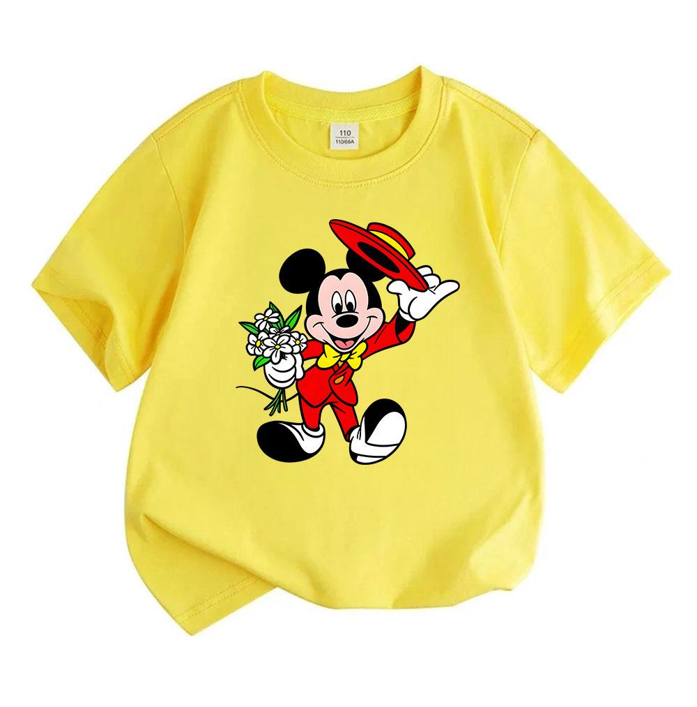 Kids Boys Girls 100% Cotton Crew Neck Short Sleeve T-Shirt, Cartoon Cute Mouse Holding Flowers Taking Hat Off Graphic Casual Soft Breathable Tee for D