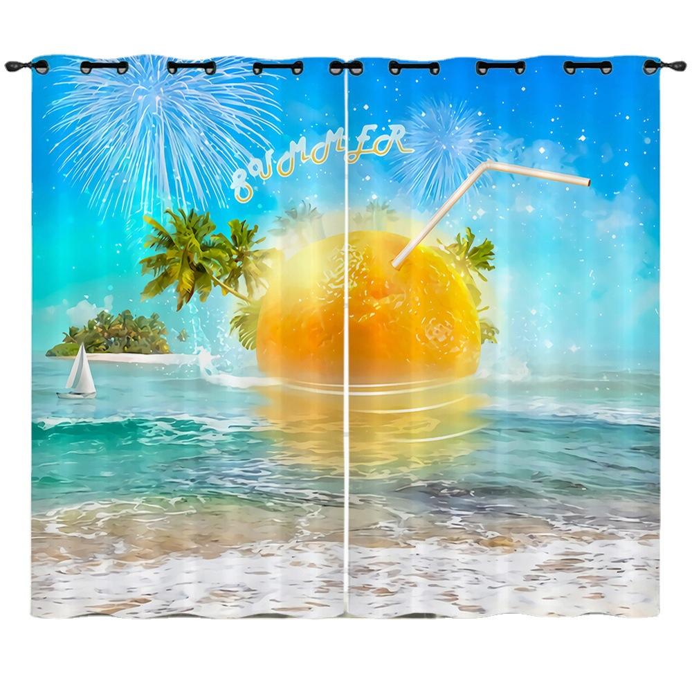 Curtains Summer Vitality Orange Beach Digital Printing Blackout Curtain Punching