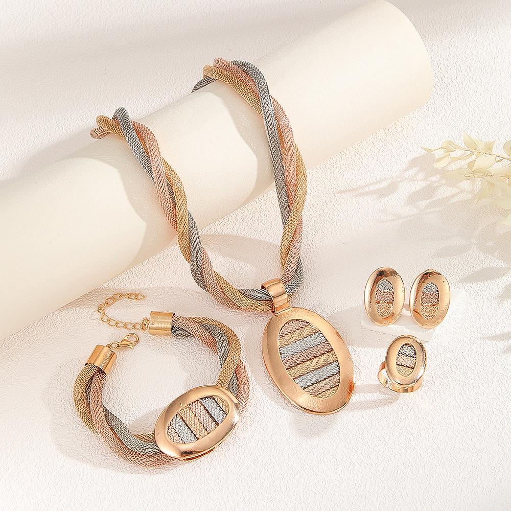 Handmade Tricolor Mesh Jewelry Set: Necklace, Earrings, Ring, Bracelet - European & American Design for Middle Eastern Ladies