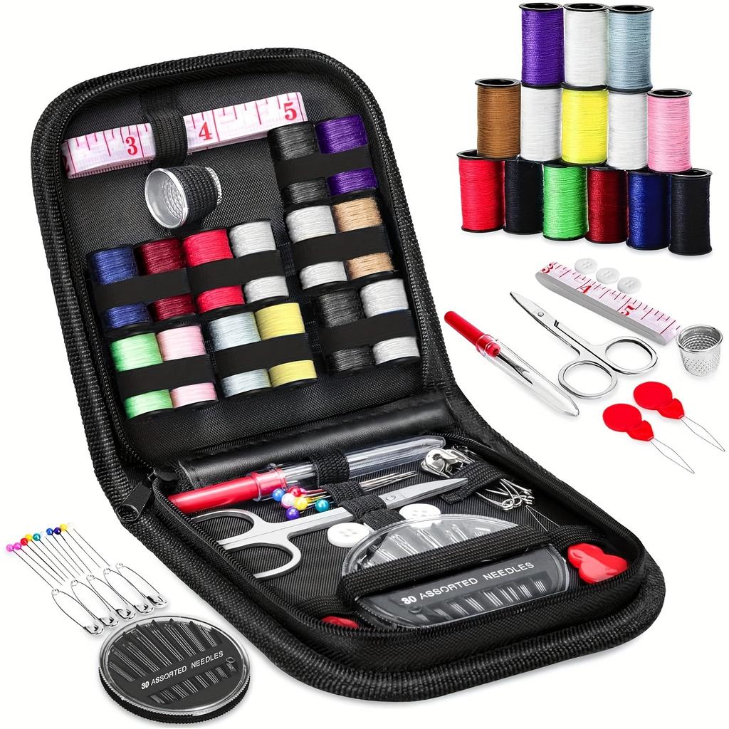 Portable Black Sewing Kit for Home, Beginners, Travel, DIY Sewing - Complete with Needles, Scissors, Threads, Measuring Tape & More