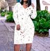 Women Plus Size V Neck Long Sleeve Floral Printed Navy Blue Fitted Dress