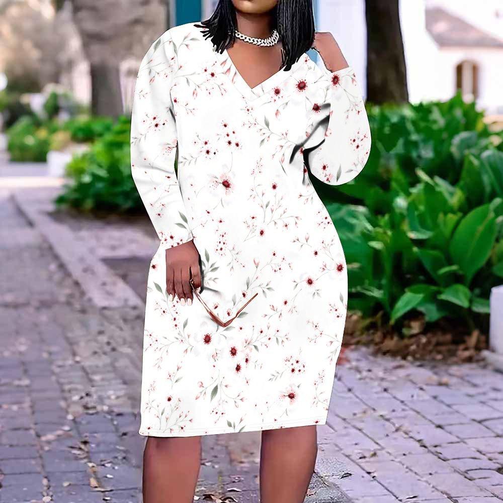 Women Plus Size V Neck Long Sleeve Floral Printed Navy Blue Fitted Dress