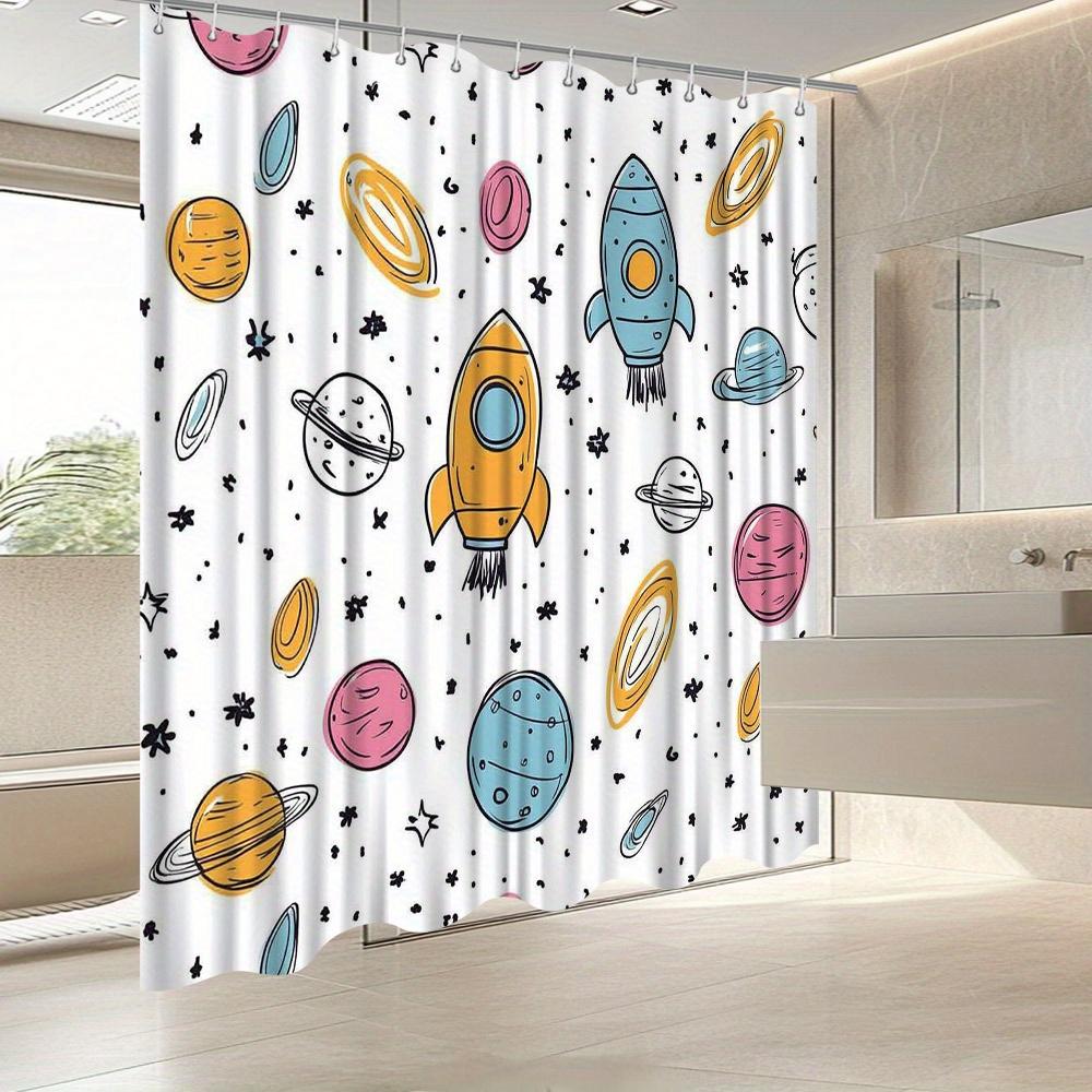Space-Themed Shower Curtain, Celestial Bodies & Rockets Design, Fade-Resistant Polyester, Machine Washable, Fun Bath Decor