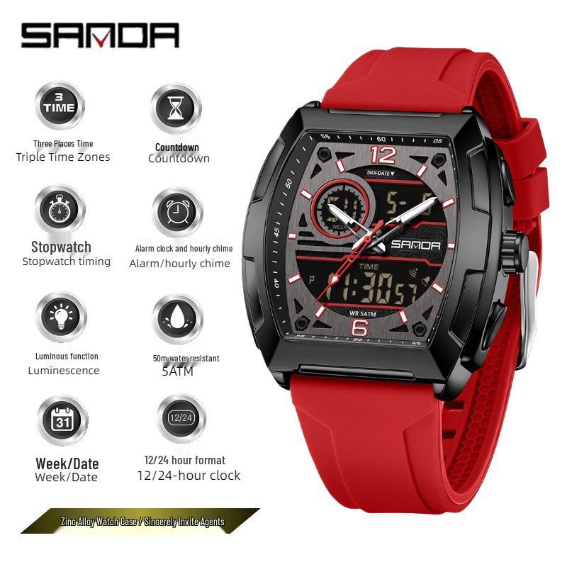 Sanda Multifunctional Student Watch: Three-City Time, Alarm, Luminous, Waterproof, Trendy Electronic Wristwatch