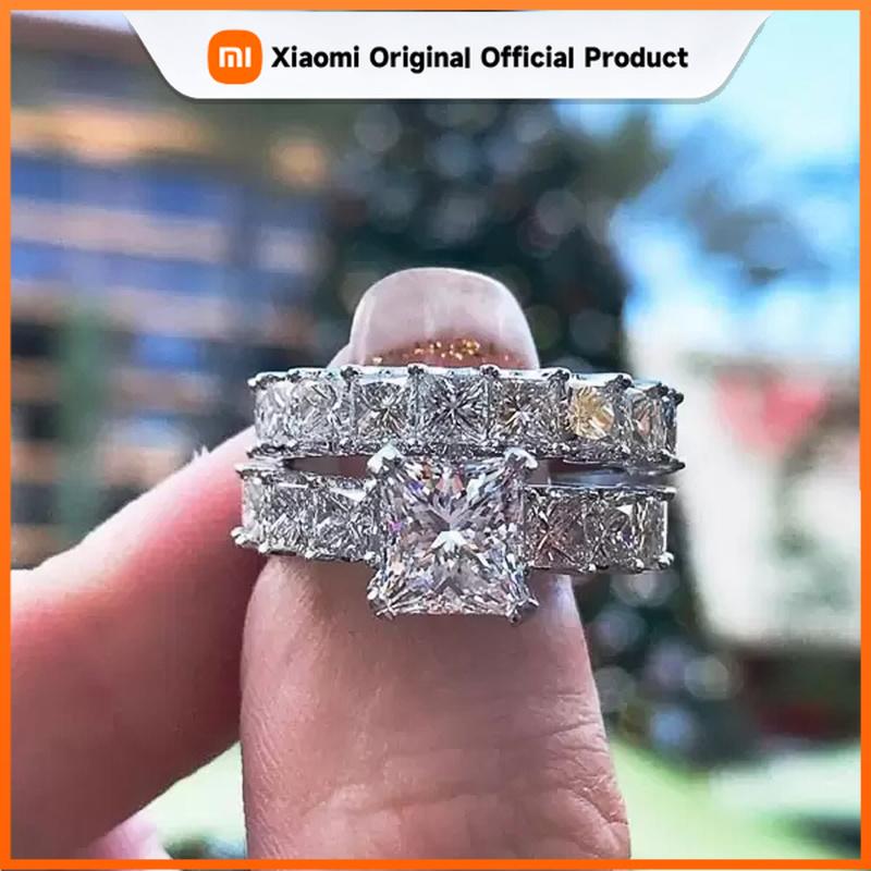Xiaomi Huitan Princess Cut Square CZ Promise Rings 2Pcs/Set for Women Fashion Luxury Wedding Accessories High-Quality Female Jewelry